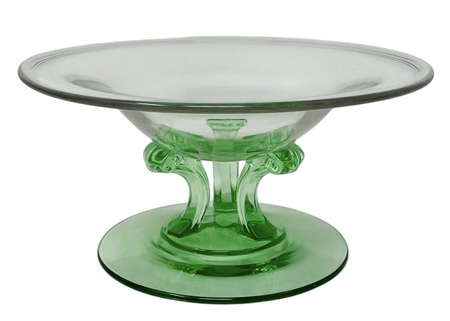 Fostoria Art Deco George Sakier 2433 Compote Glows Green Three Footed 1930’s