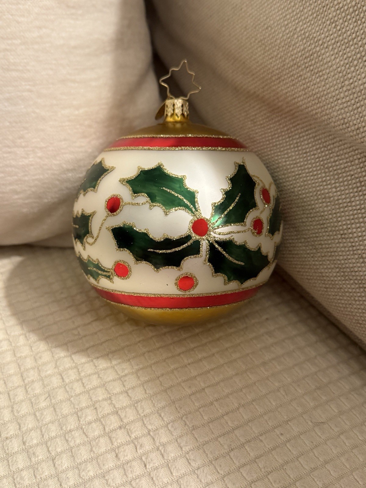 Christoper Radko Holly Leaves Ball Gold Poinsettias Christmas Ornament 4”