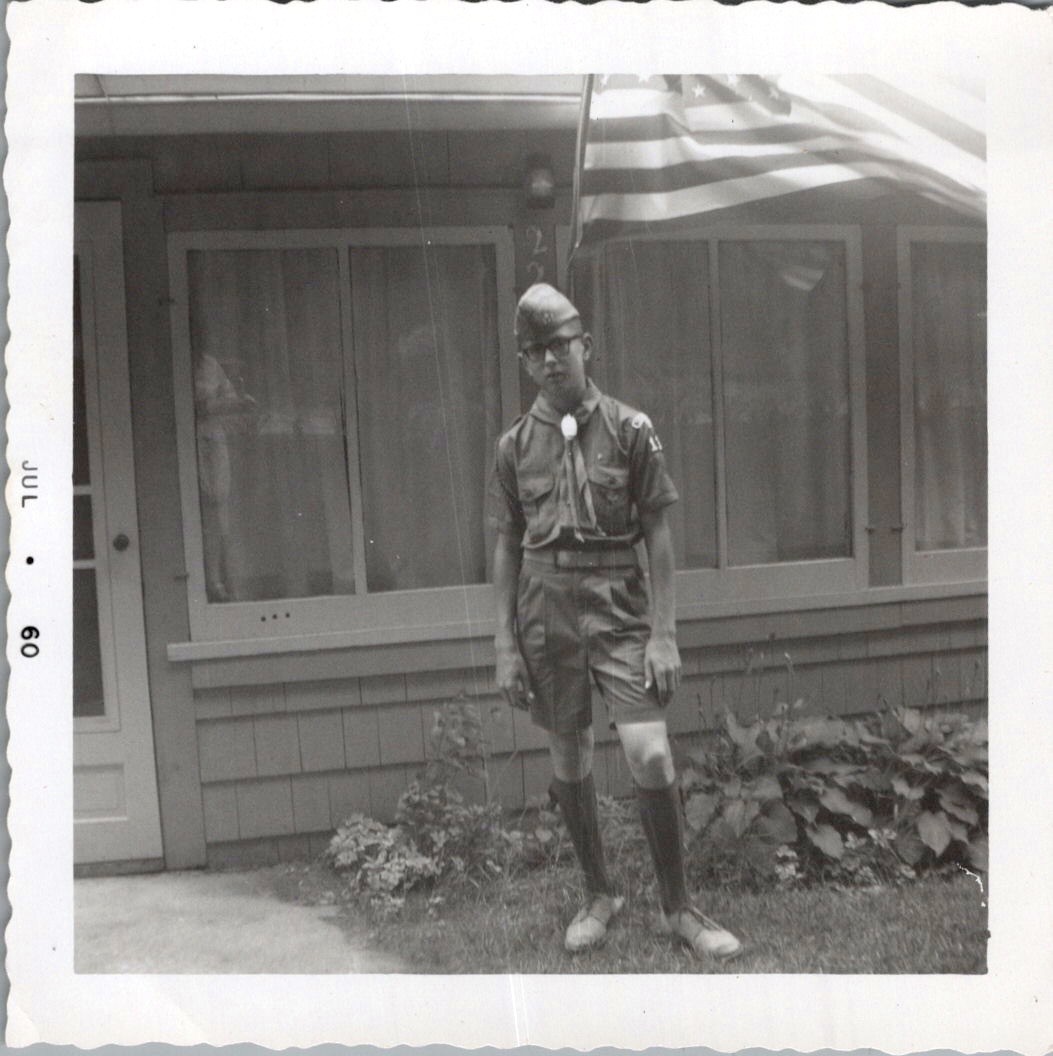 1960 Boy Scout Photograph Suburban Home American Flag Uniform Jul 60 Midcentury
