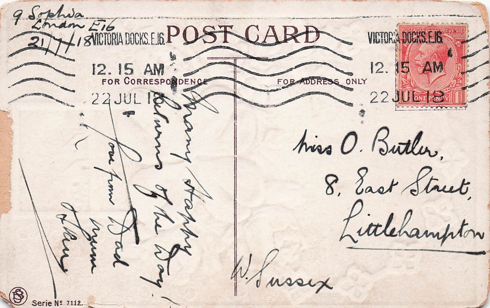 London England Victoria Docks E16 Fancy Cancel Penny Stamp Vtg Postcard 9A