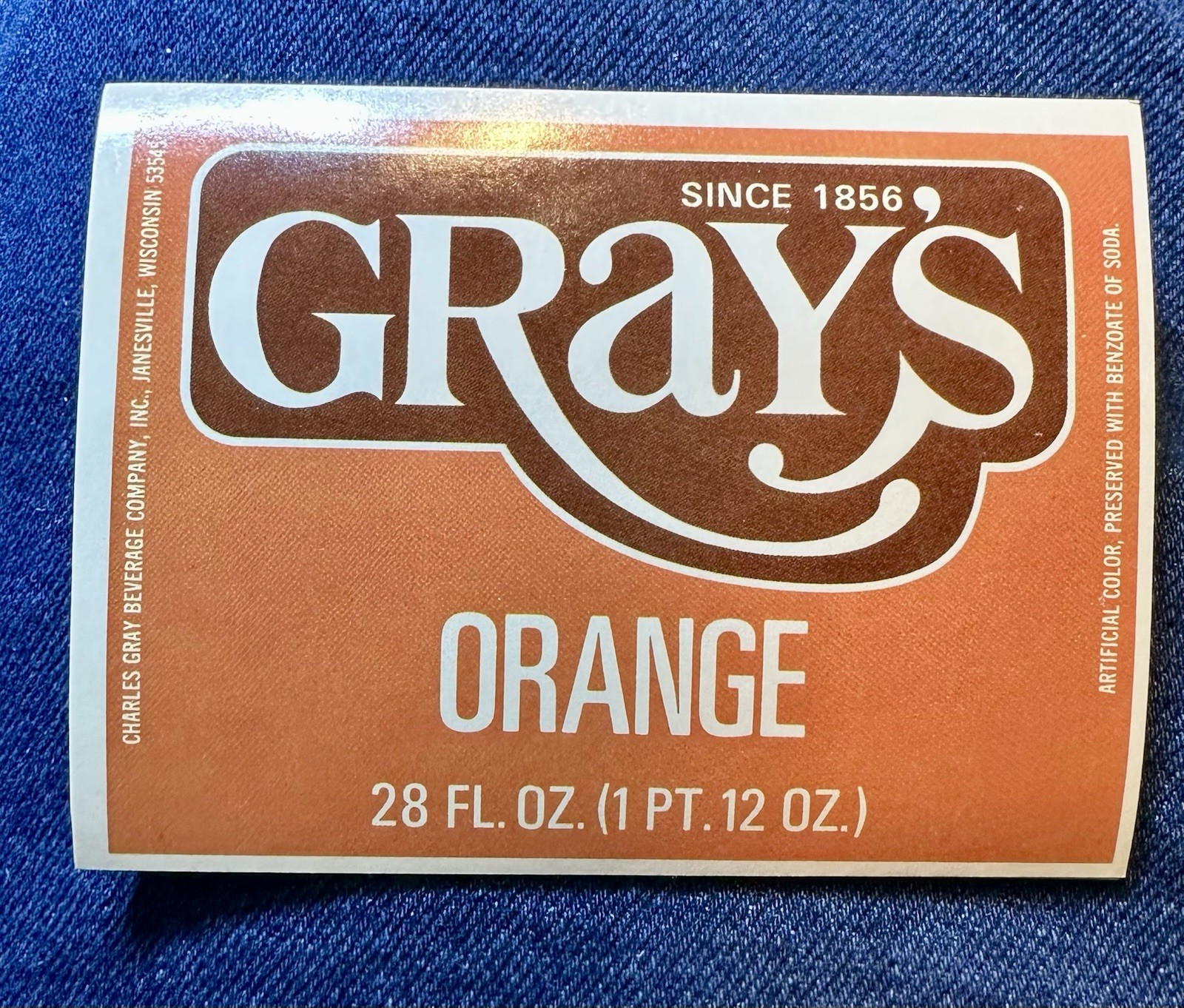 New old stock Paper Label Gray’s Orange Soda Pop Charles Gray Beverage Inc 