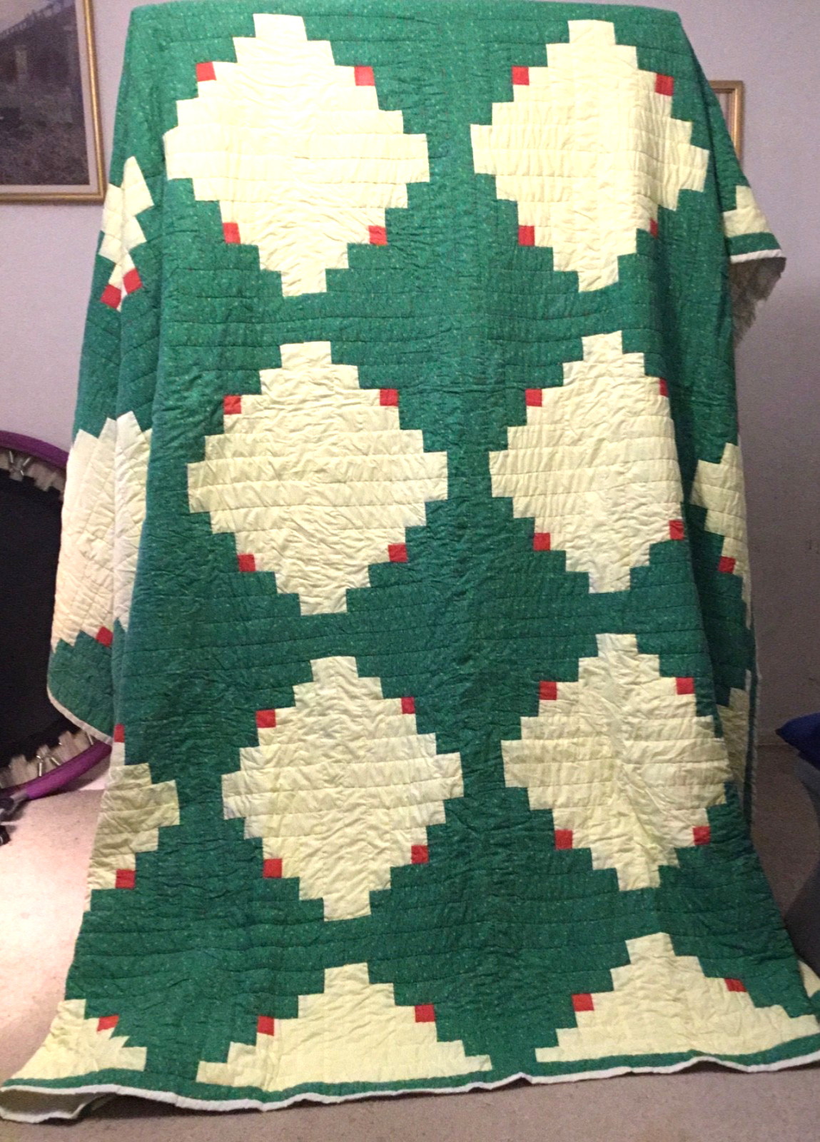 Vintage Homemade Green & Yellow Quilt