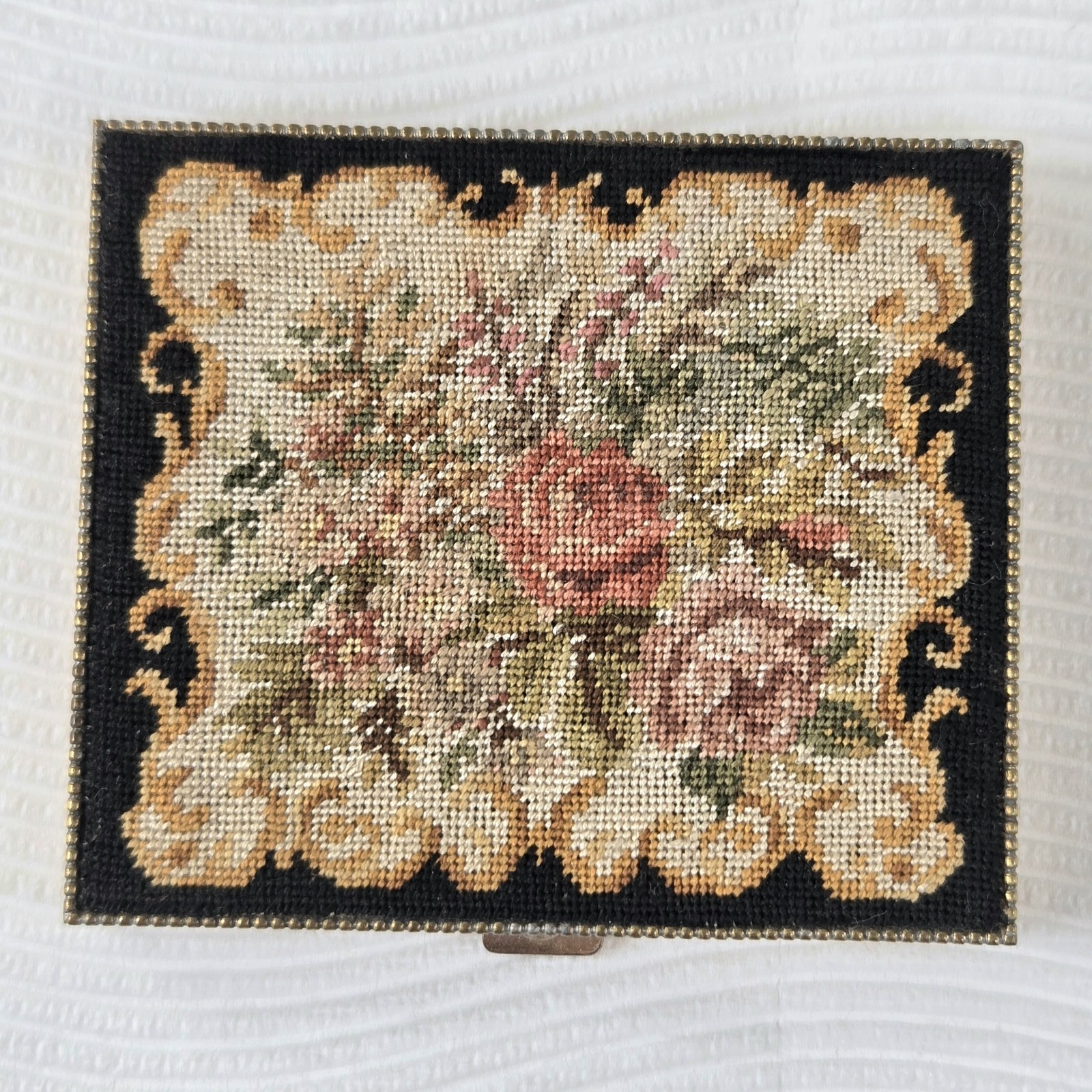 Vintage Austrian Petit Point Compact Original Certificate Floral Brass Case