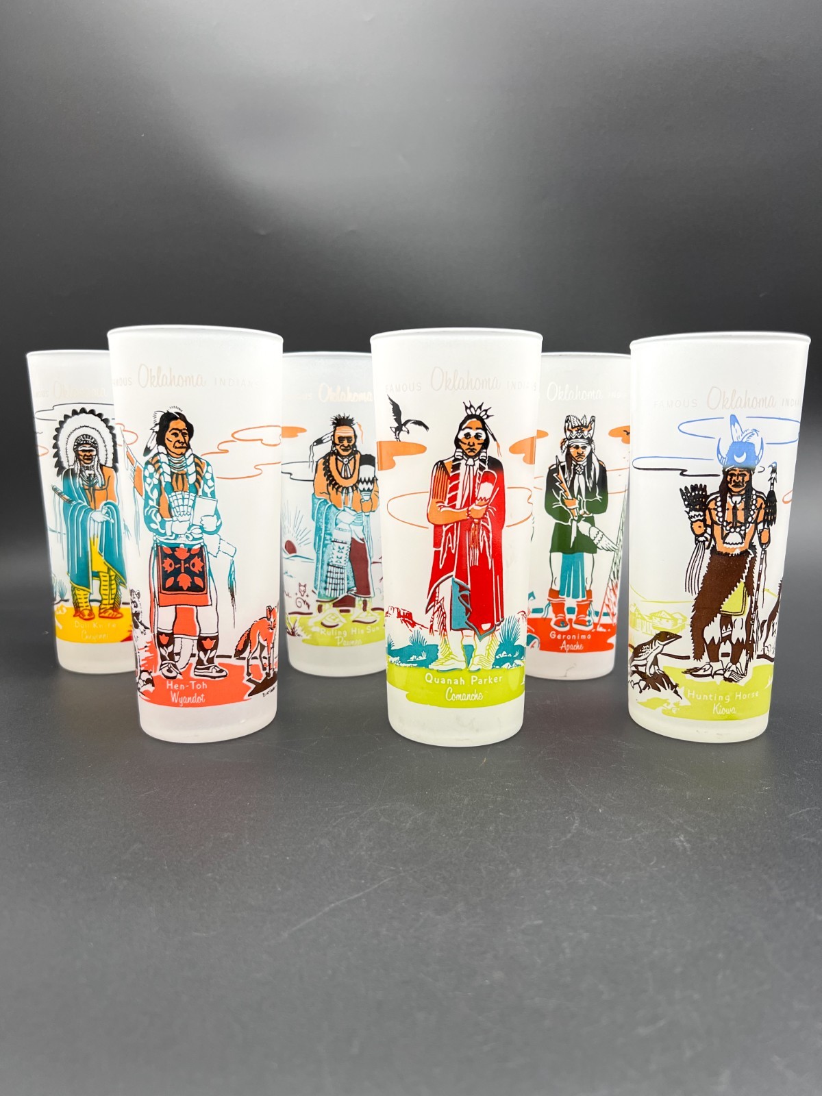 1959 Knox Oil A.C. Blue Eagle Oklahoma Indians Glasses Set 6 Rare