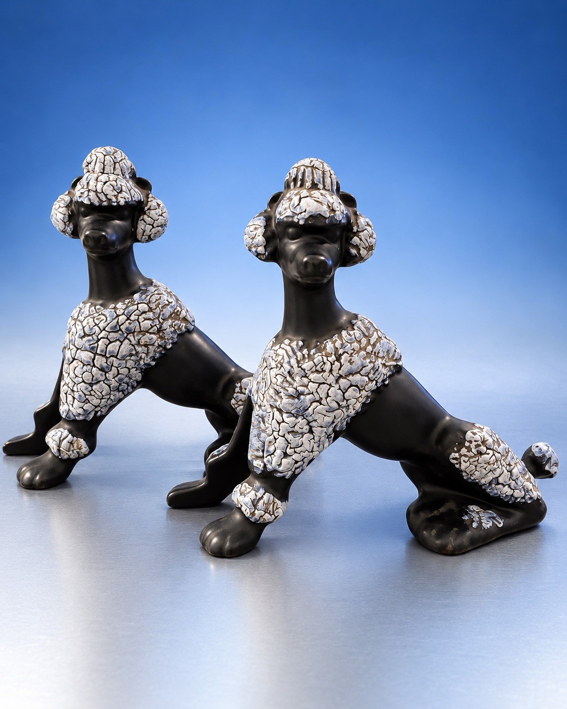 Vintage Black White Crackle Poodle Figurines Pair Mid Century Style Ceramic