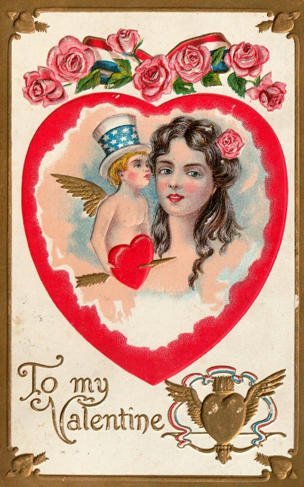 Vintage 1908 Patriotic Cupid and Lady Embossed Valentine Postcard