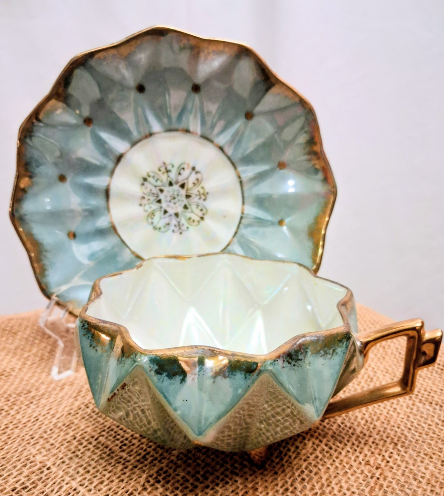 Vintage Royal Sealy Honeycomb Footed Cup And Saucer Japan Aqua  W/ Gold Accent