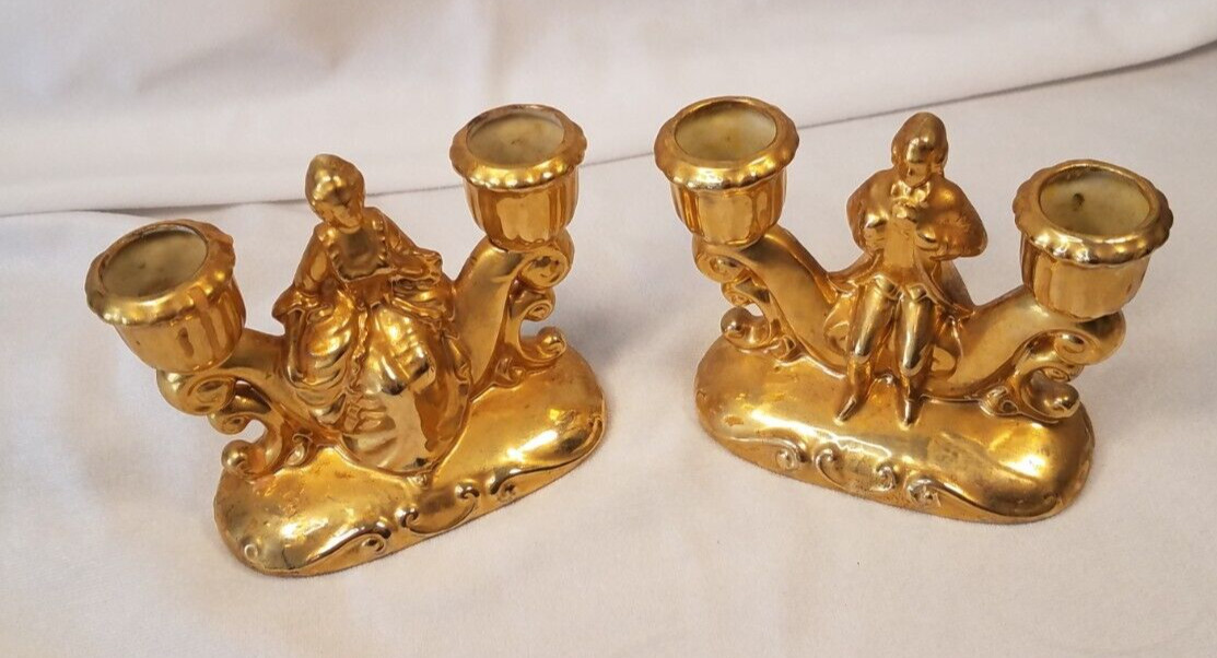 Vintage Candle Holders Porcelain Occupied Japan  Regency Gilded Gold 2 PC