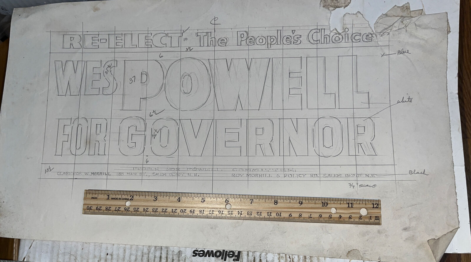 Vintage 1962 Billboard Sign Sample: Re-Elect Republican Wes Powell NH Governor