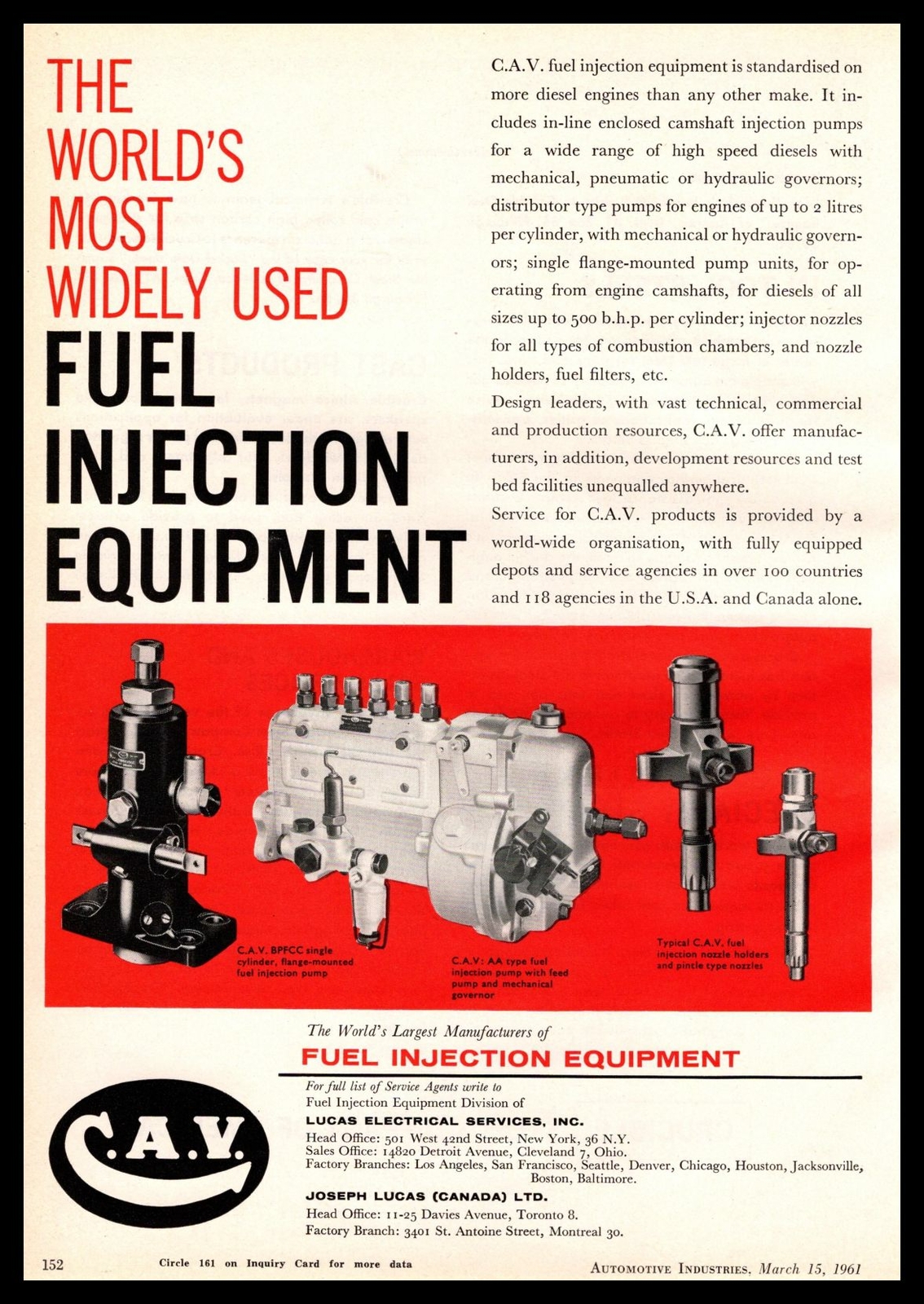 1955 C.A.V. Fuel Injection & Electrical Equipment Acton New York City Print Ad