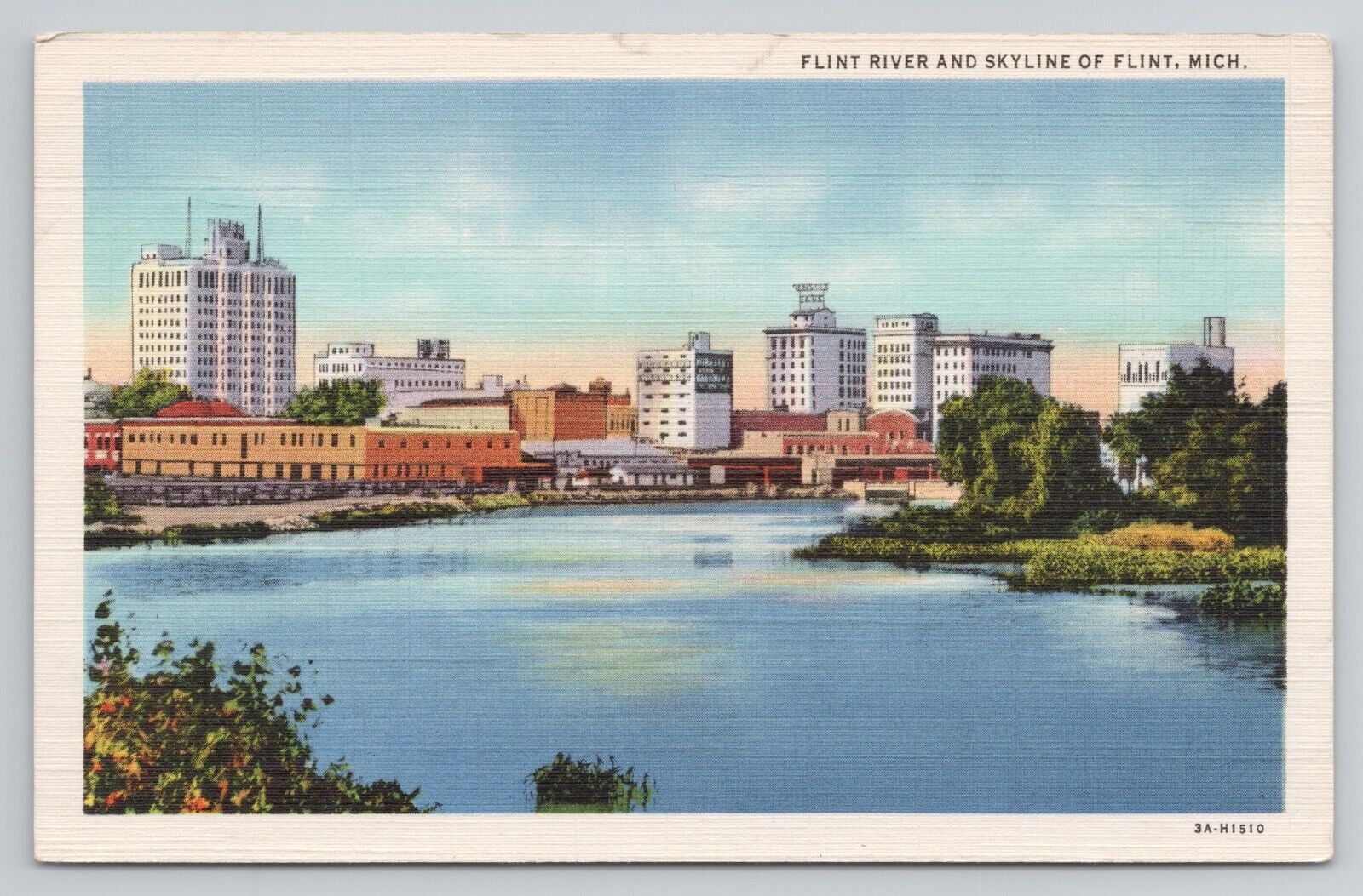 Flint River & Skyline of Flint Michigan Linen Postcard No 2538