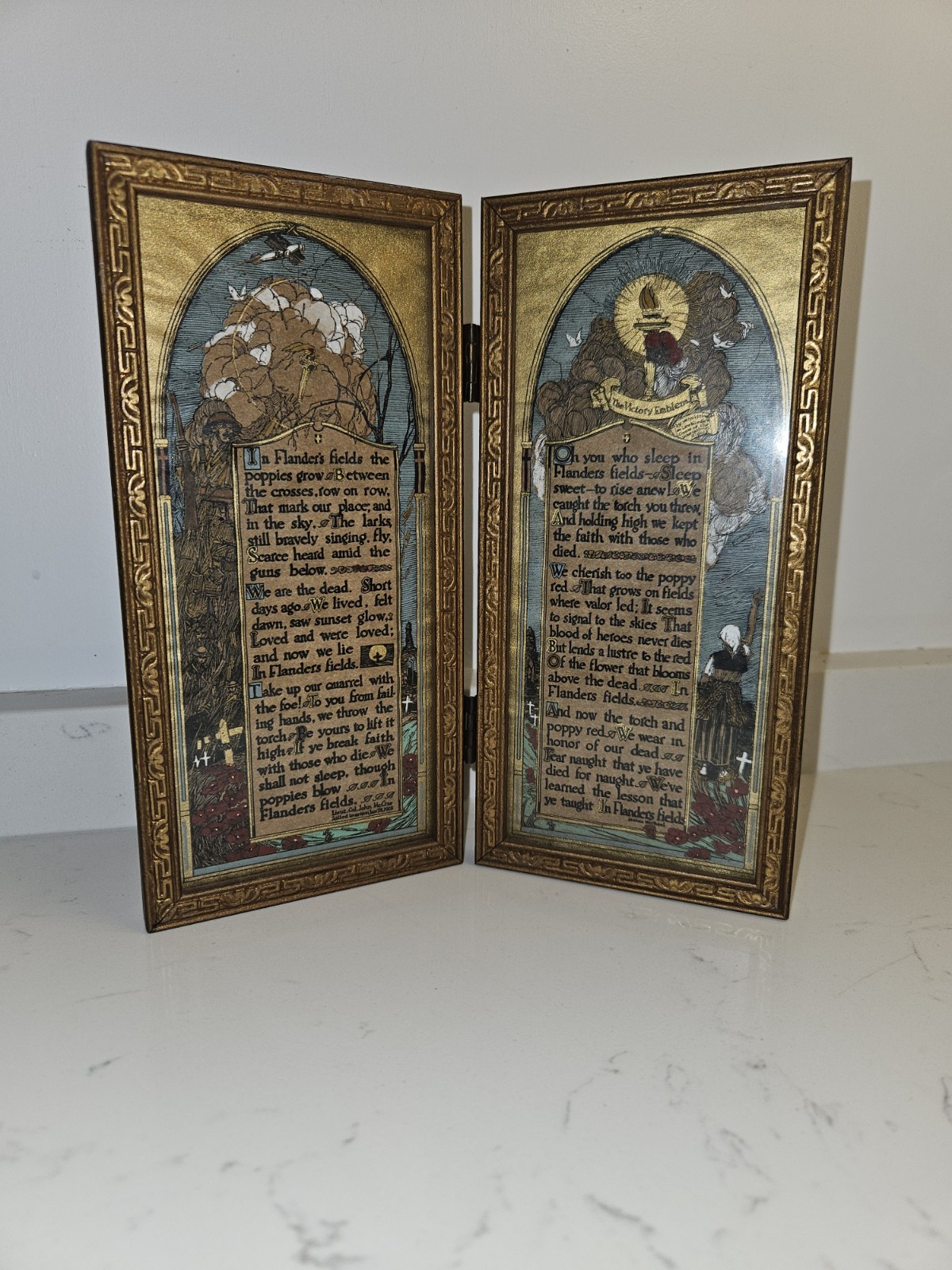Antique WWI Illuminated Diptych In Flanders Fields & Moina Michael Victory... Antique WWI Illuminated Diptych In Flanders Fields & Moina Michael Victory...