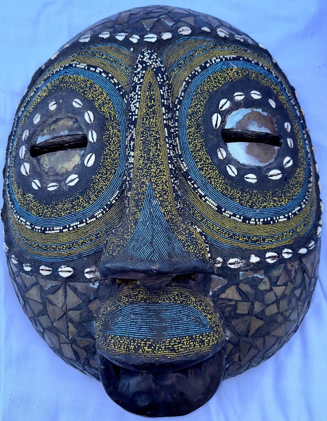 Vintage Very Large African Hand Carved Wood Decorative Tribal Mask Brass Beads