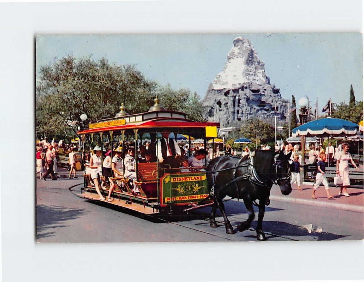 Postcard Horse-Drawn Streetcar Main Street Plaza Matterhorn Disneyland Anaheim