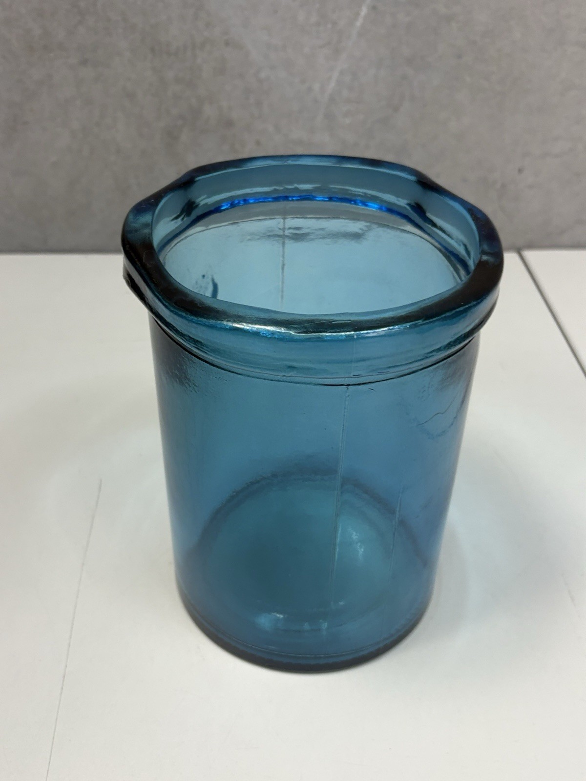 Vintage Blue Glass Jar Wide Mouth Rolled Lip Apothecary Canister 8in x 6in