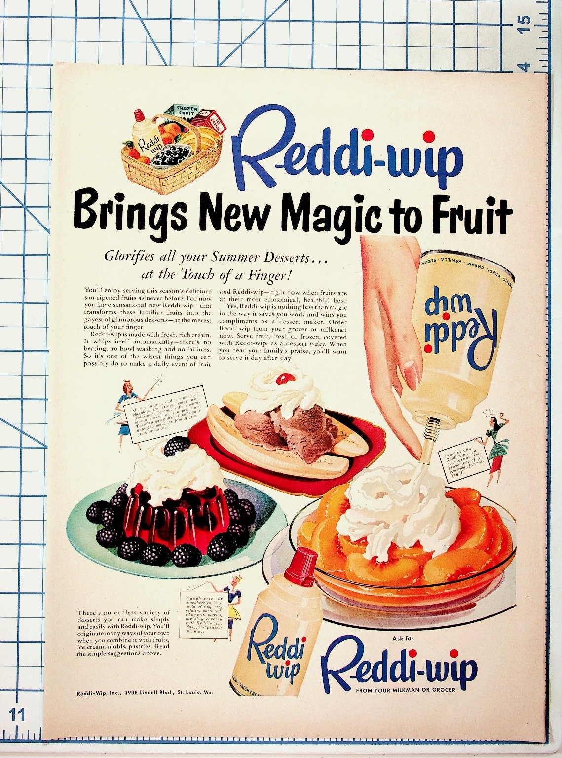 Vintage 1950s Reddi-wip Magazine Ad Fruit Desserts Milkman St. Louis MO
