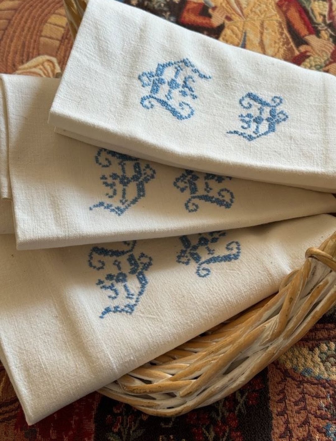 Vintage French Linen Towels Unwashed Blue Monogram BE Deadstock