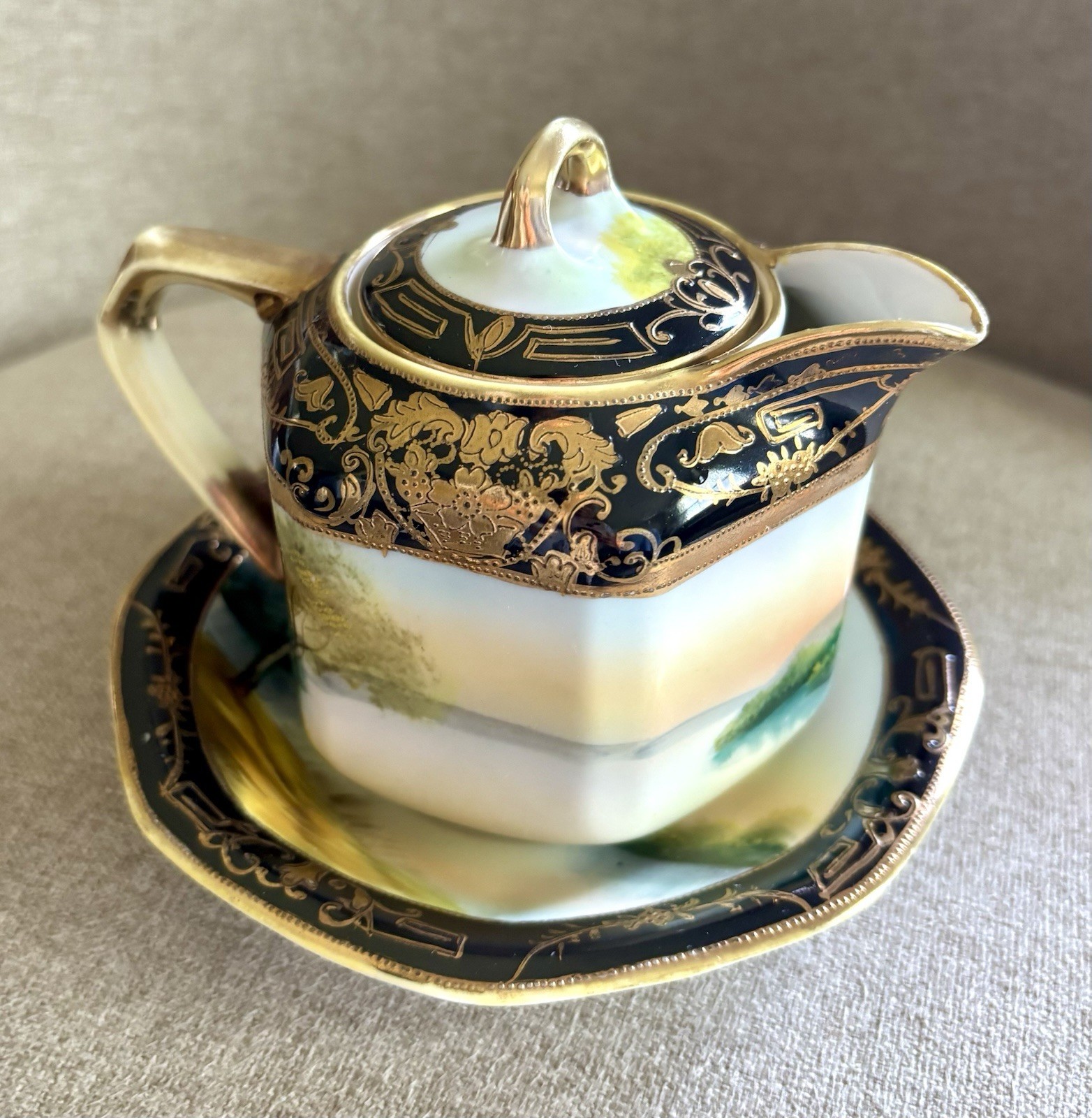 Antique Hand Painted Nippon Scenic Chocolate Pot (3”)& Underplate(5.5”)