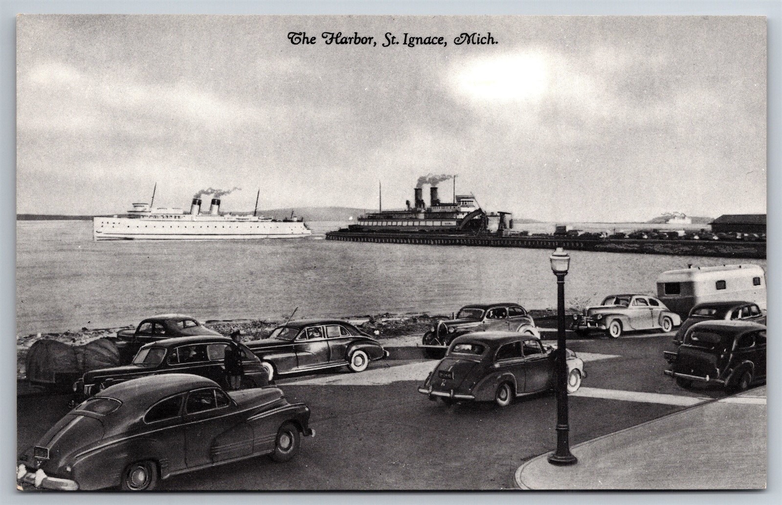 RPPC The Harbor Steamers Cars Ferry Line St Ignace MI C1950\'s Postcard S1