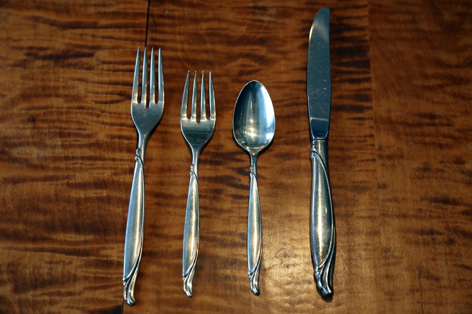 ONEIDA STERLING SILVER FOUR PIECE SET-SENTIMENTAL-FORK-SALAD FORK-KNIFE-SPOON