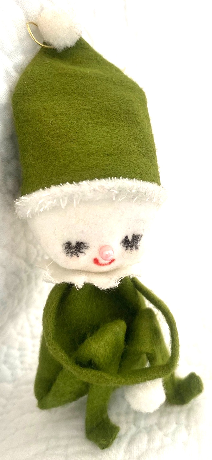 1969 Vintage Felt Flocked Snow Baby Christmas Ornament + snowball JAPAN pinknose