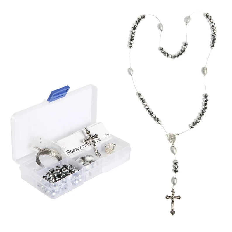 Rosary Making Kit Rosary Bead Crystal Glass First Communion Baptism Gift SILVER