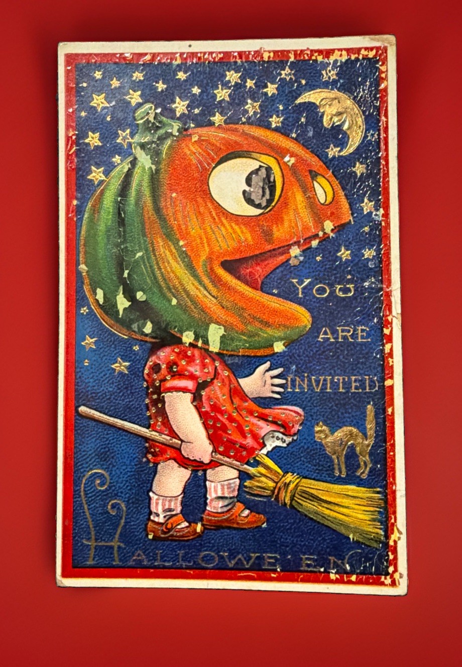 Antique Barton & Spooner Halloween Postcard Pumpkin Head Witch Broom Cat 7107