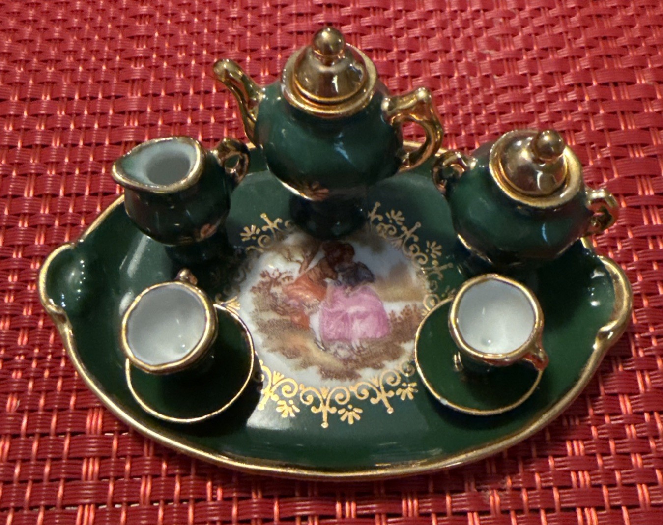 Vintage Limoges Miniature Porcelain Tea Set Courting Couple Emerald Green Gold