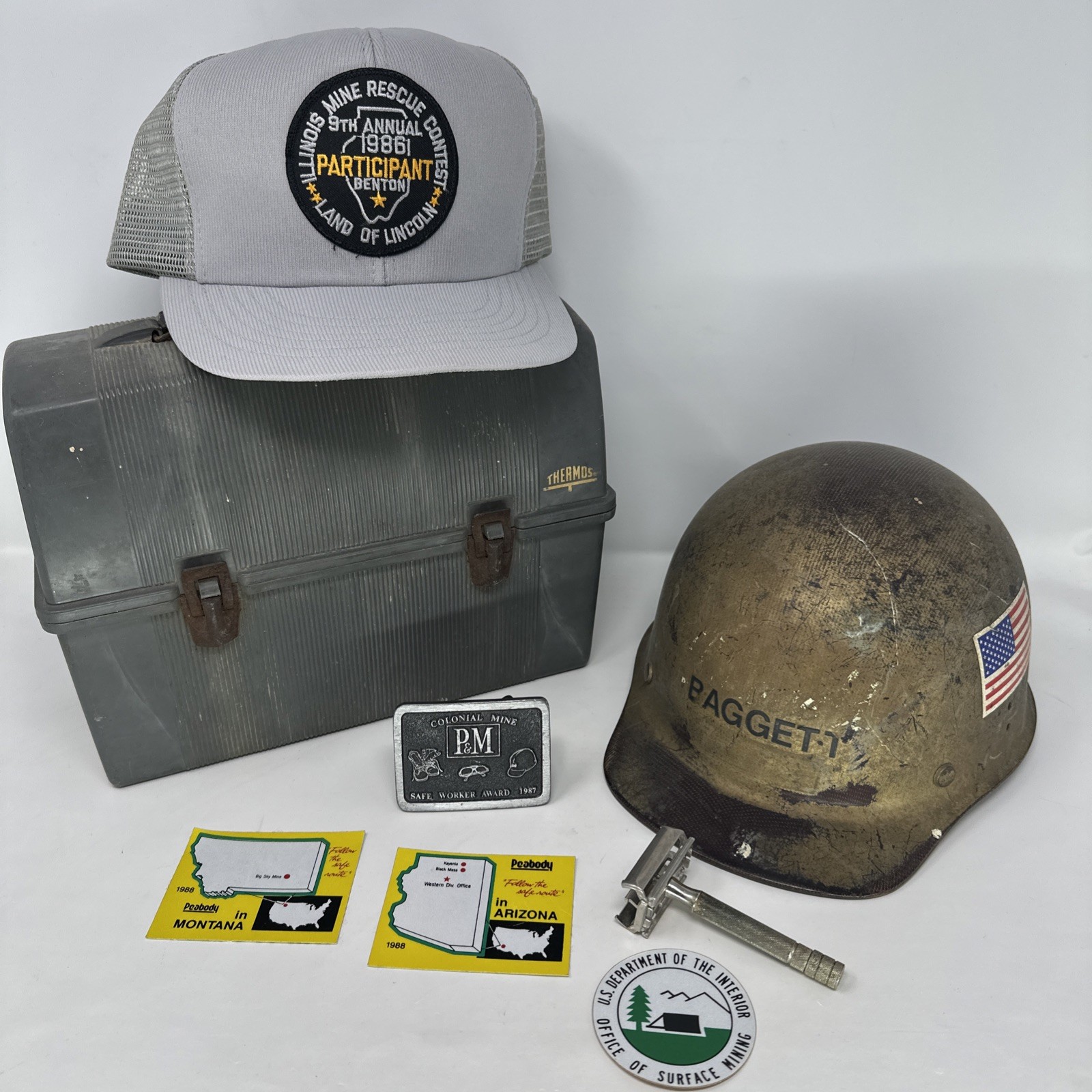 VTG MSA Hard Hat (Painted Over Tiger Stripe) w/LunchBox & Gillette - Coal Miner