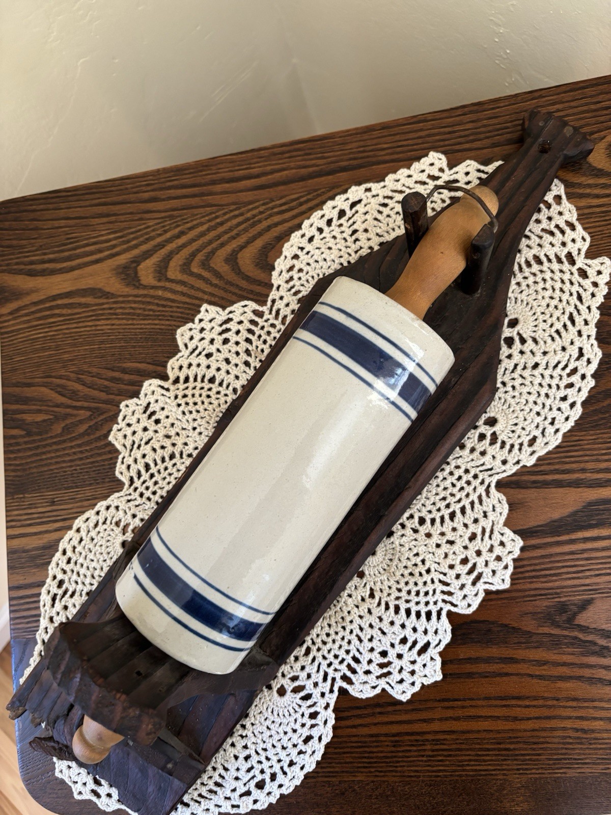 Vintage Primitive Wall Mount Wooden Holder For Stoneware Crock Rolling Pin