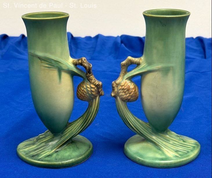 1930s Roseville Pinecone Ceramic Pottery Bud Vase Handled Pair - SEE CON. &DESC.