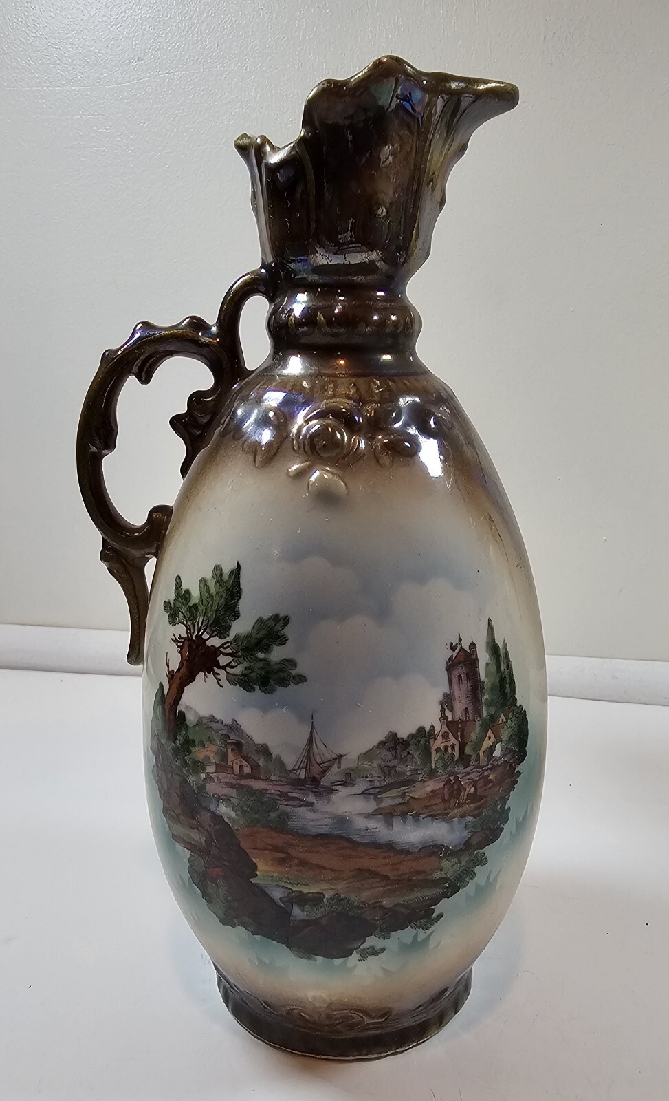 Porcelain Czechoslovakia Ewer Pitcher Vase Scenic River Castle Trees