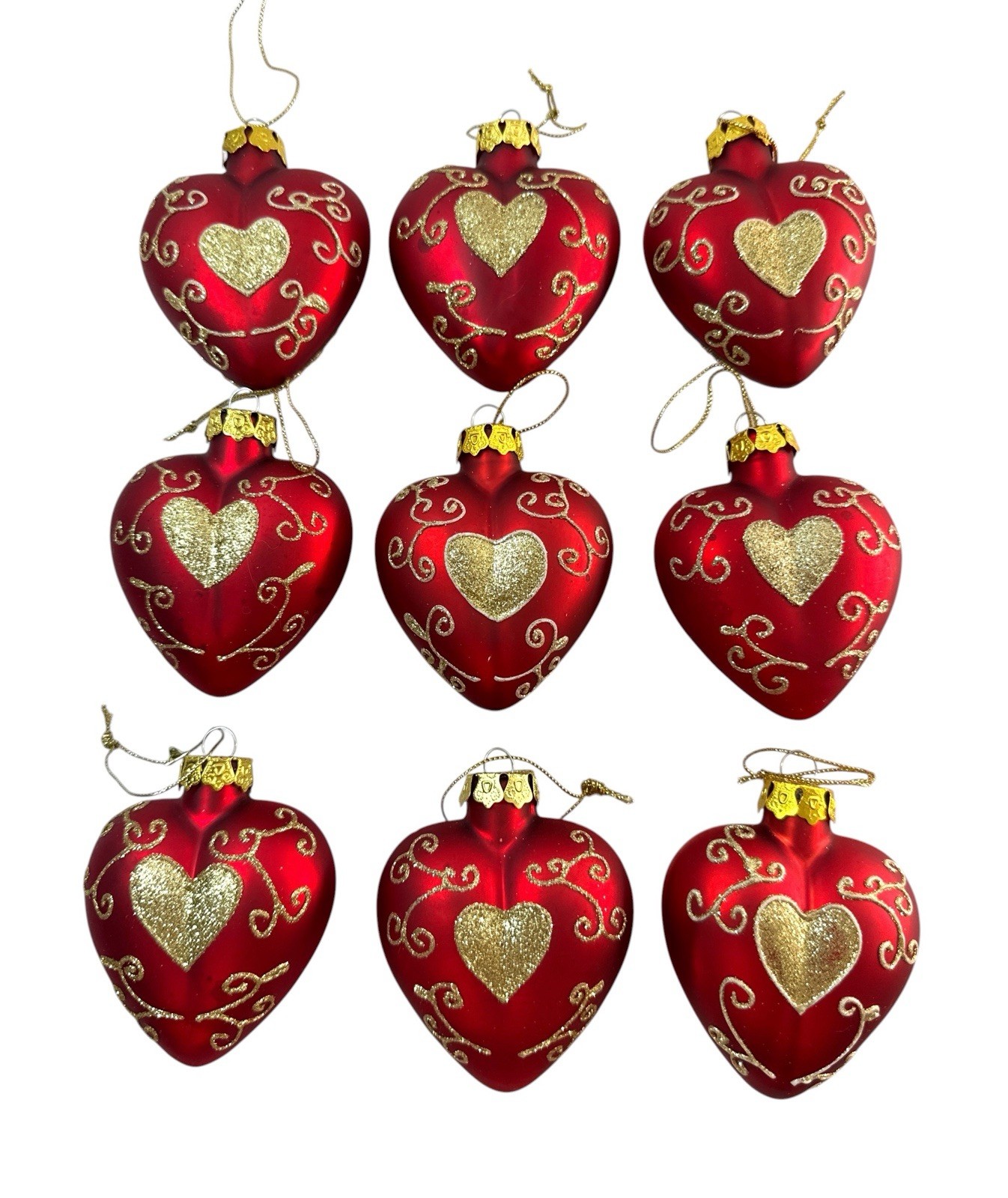 Vintage Red Glass Heart Christmas Ornaments Gold Glitter Scrollwork Set of 9 3”