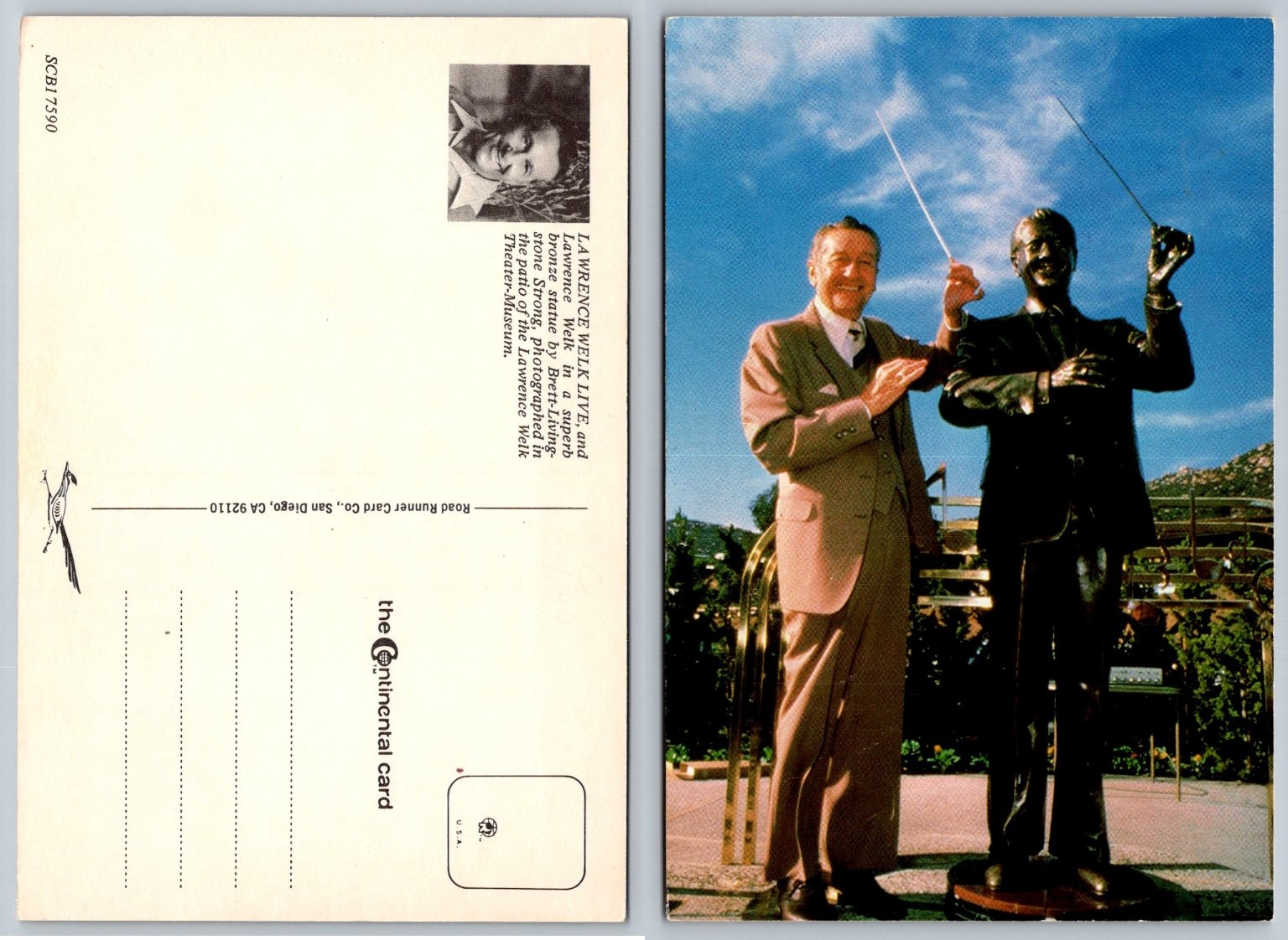 Lawrence Welk LIVE & Statue Postcard, San Diego CA, Continental Card