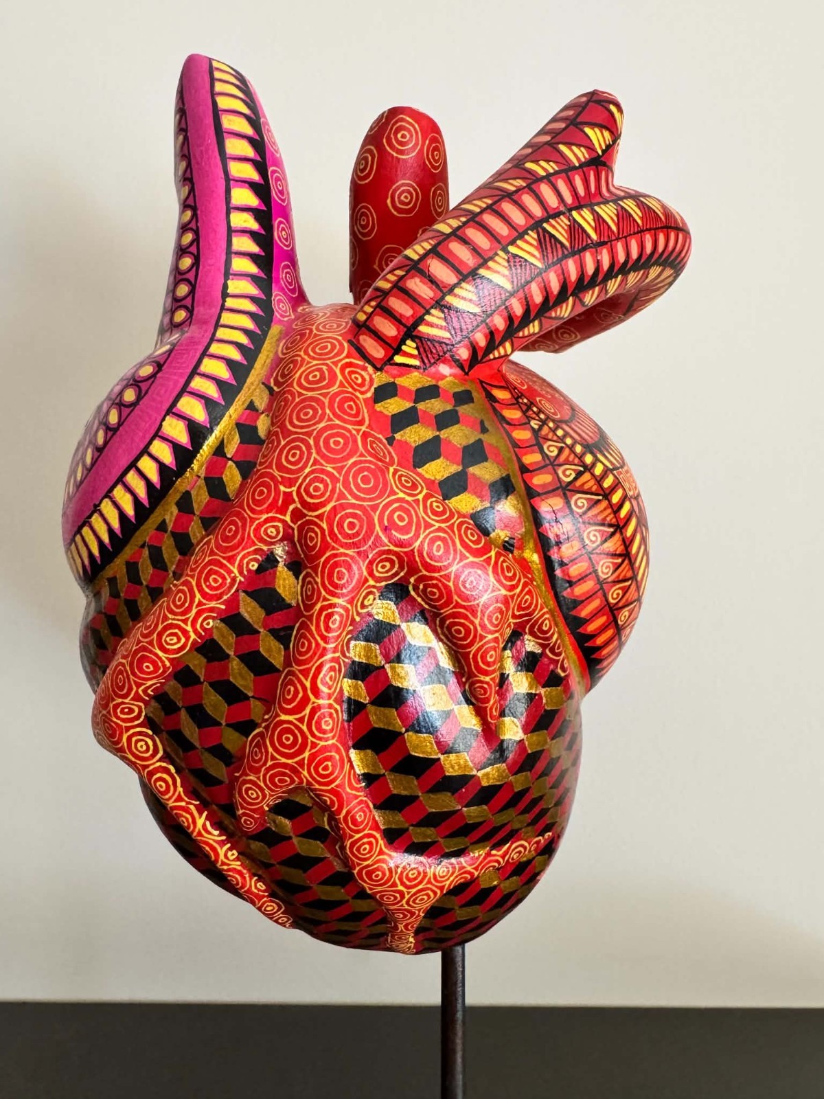 Oaxacan Mexican Folk Art Anatomical Heart Sculpture Hand Painted on Stand