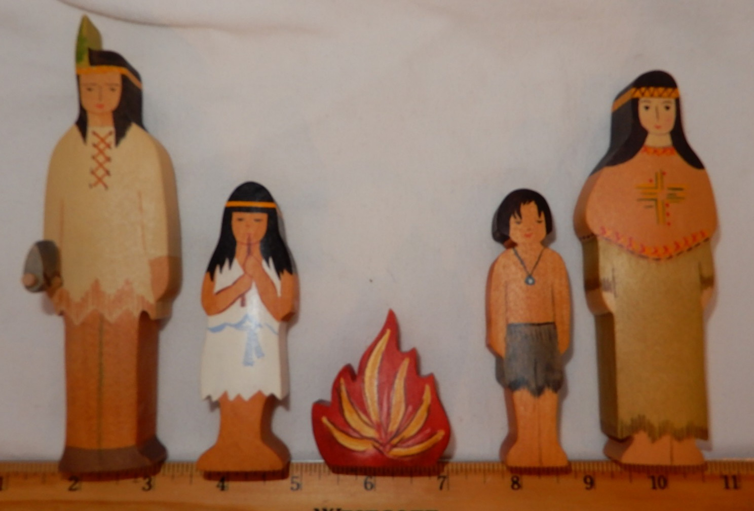 Vintage Group of Wooden Native Americans -Family of Four around a Fire (Stamped)