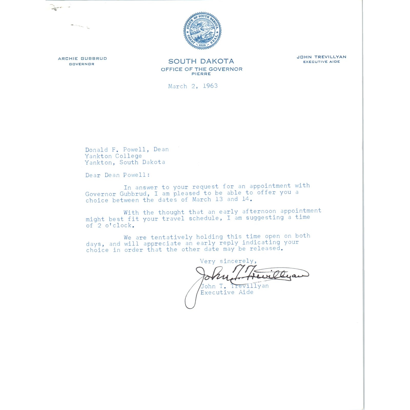 South Dakota Governor Archie Gubbrud Letterhead Memo March 2, 1963 B10