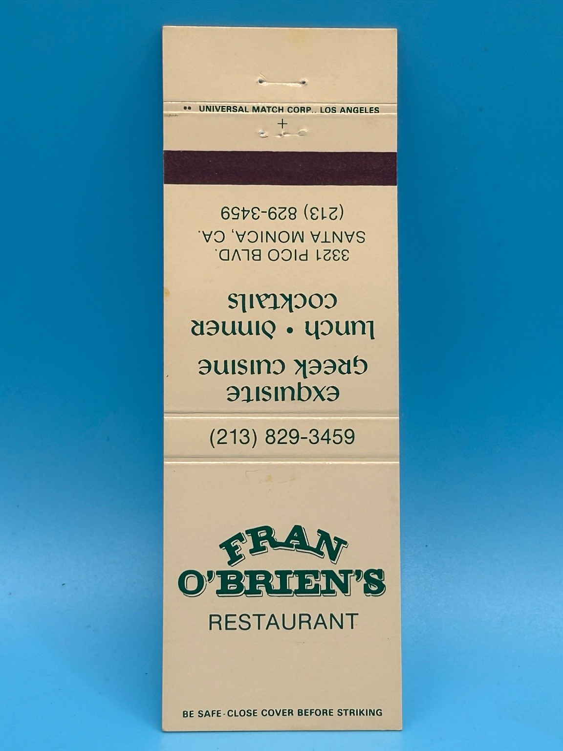 Vintage Fran O\'Brien\'s Restaurant Santa Monica CA Greek Cuisine Matchbook
