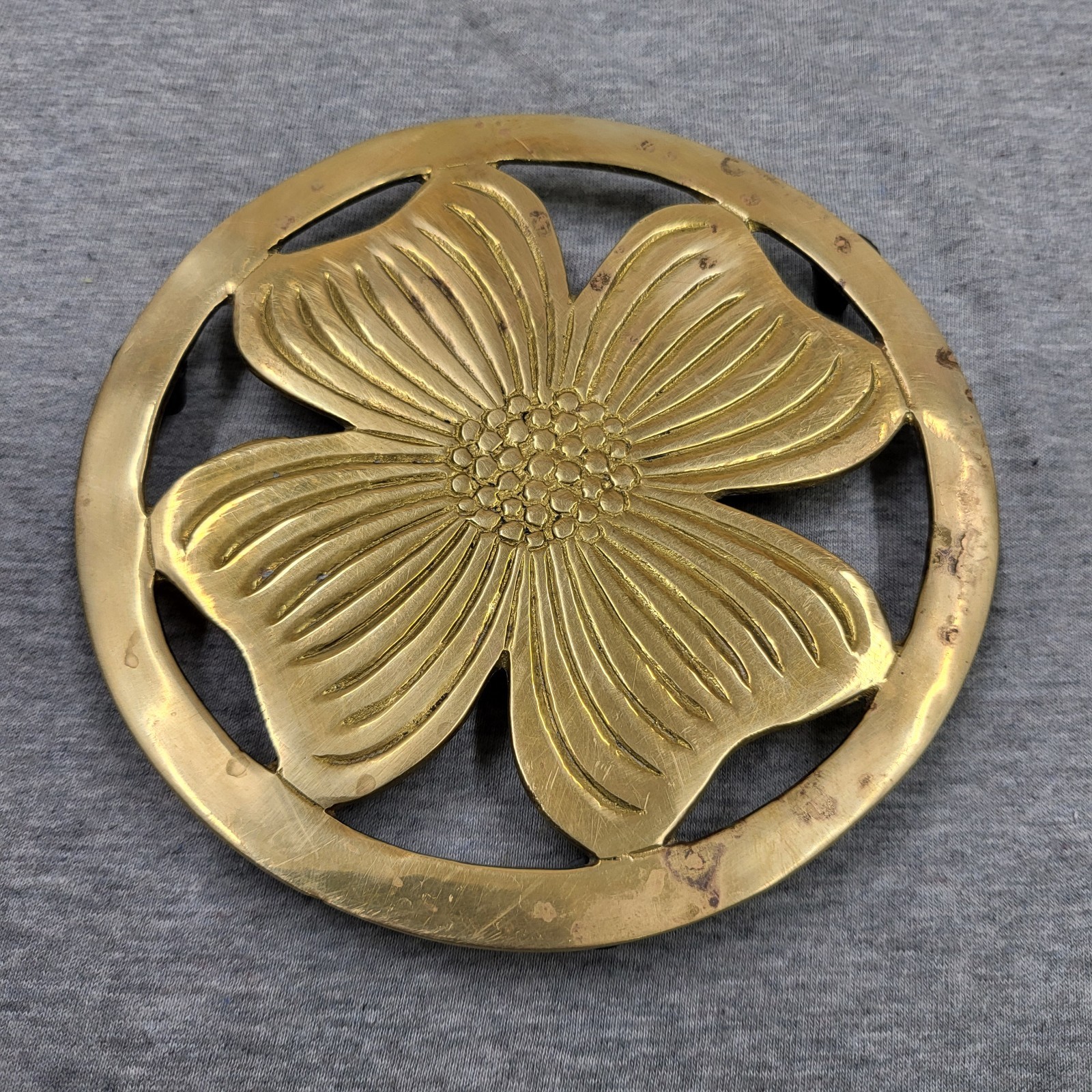 Vintage MCM Solid Brass Round Dogwood Flower Trivet 6