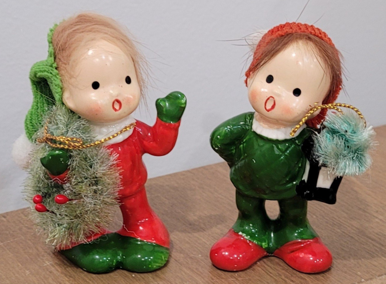 Vintage Napco Christmas Girl With Wreath Boy With Lantern Elf With Hair Figurine