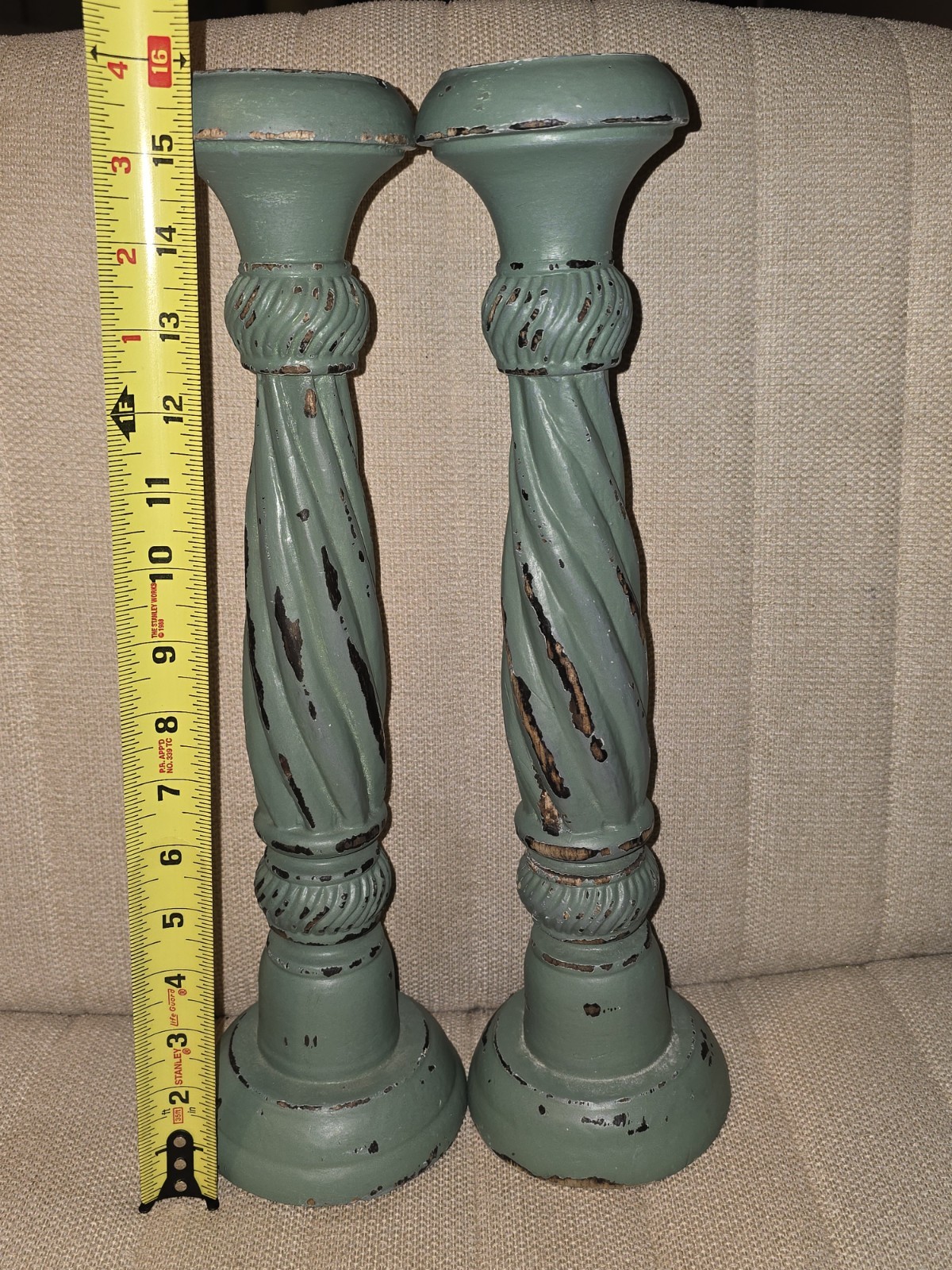 Large Vintage Wooden Candlestick Pair -  Distressed