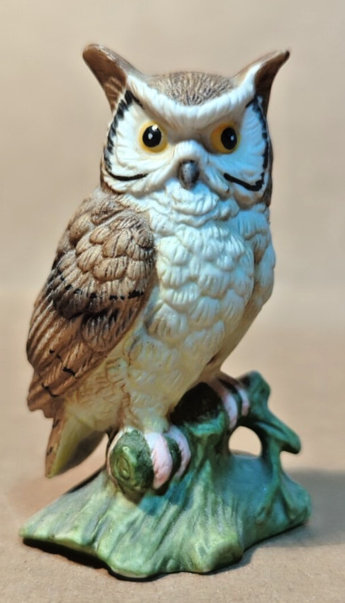 Vintage LEFTON Horned Owl #1000 Hand Painted Figurine Bisque Porcelain TAIWAN