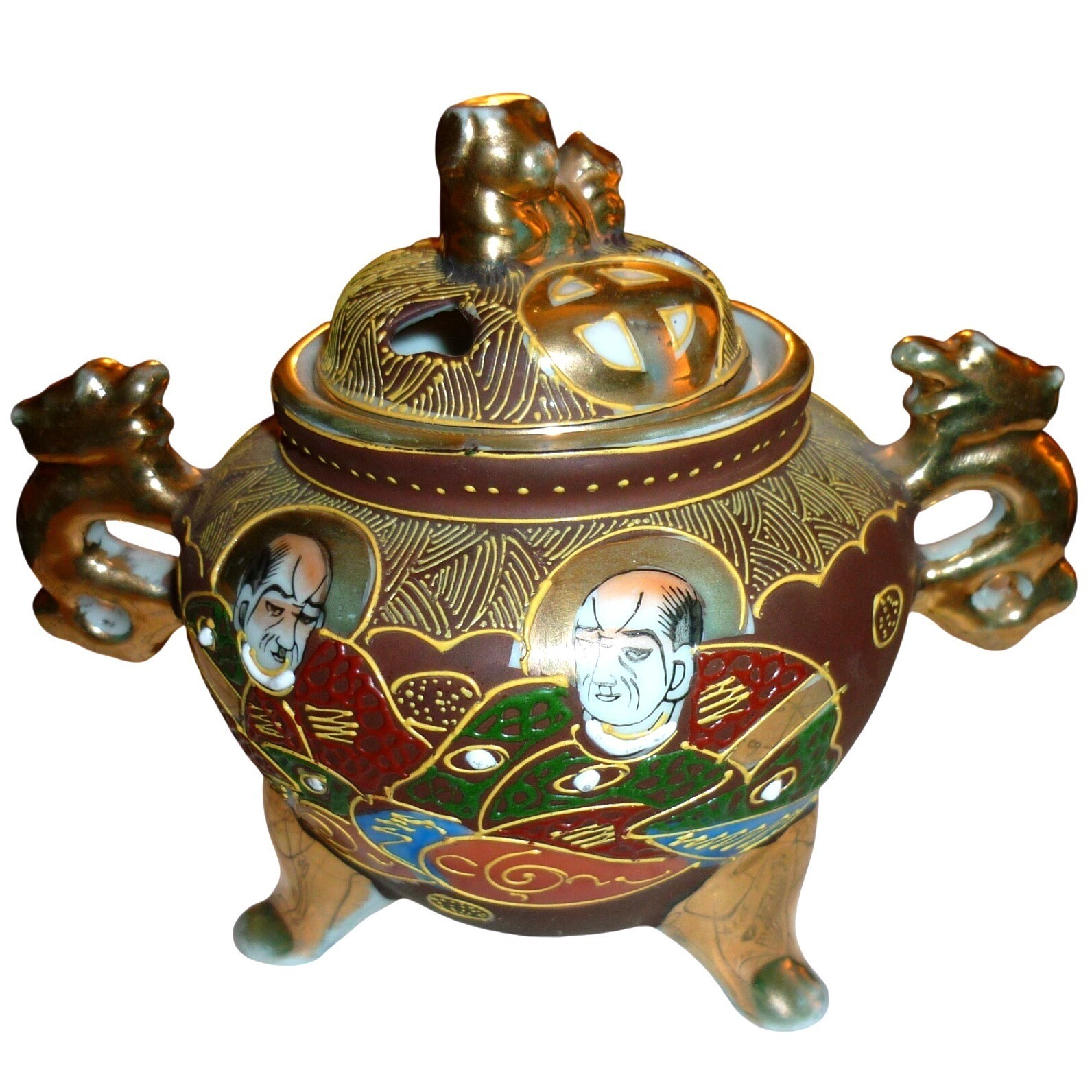 Vintage Japanese Satsuma Moriage Incense Burner Koro Tripod Immortals Dragon