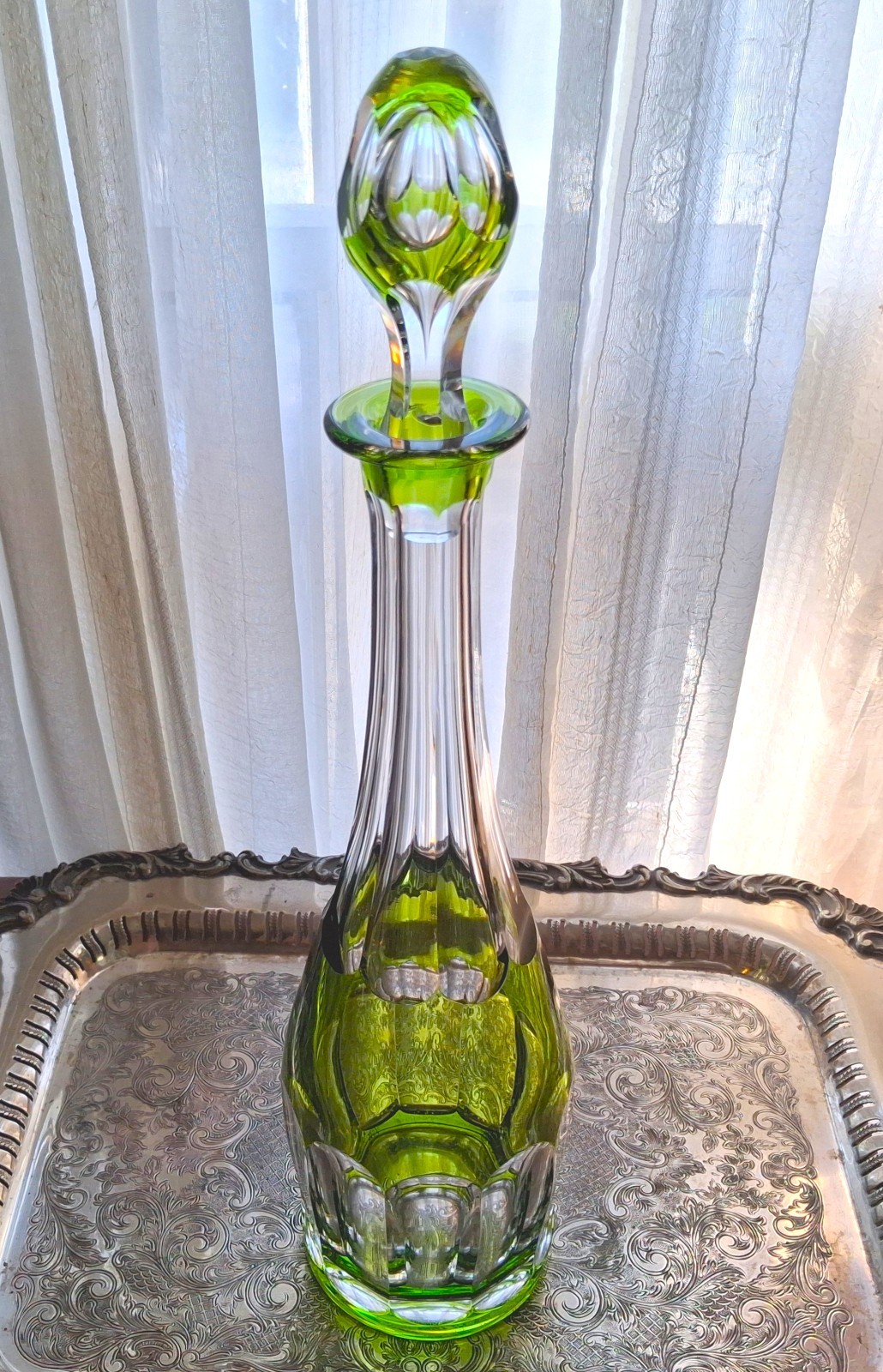 Val St Lambert 1940s-50s MCM Signed Peridot Cut to Clear Crystal Decanter 16.5\