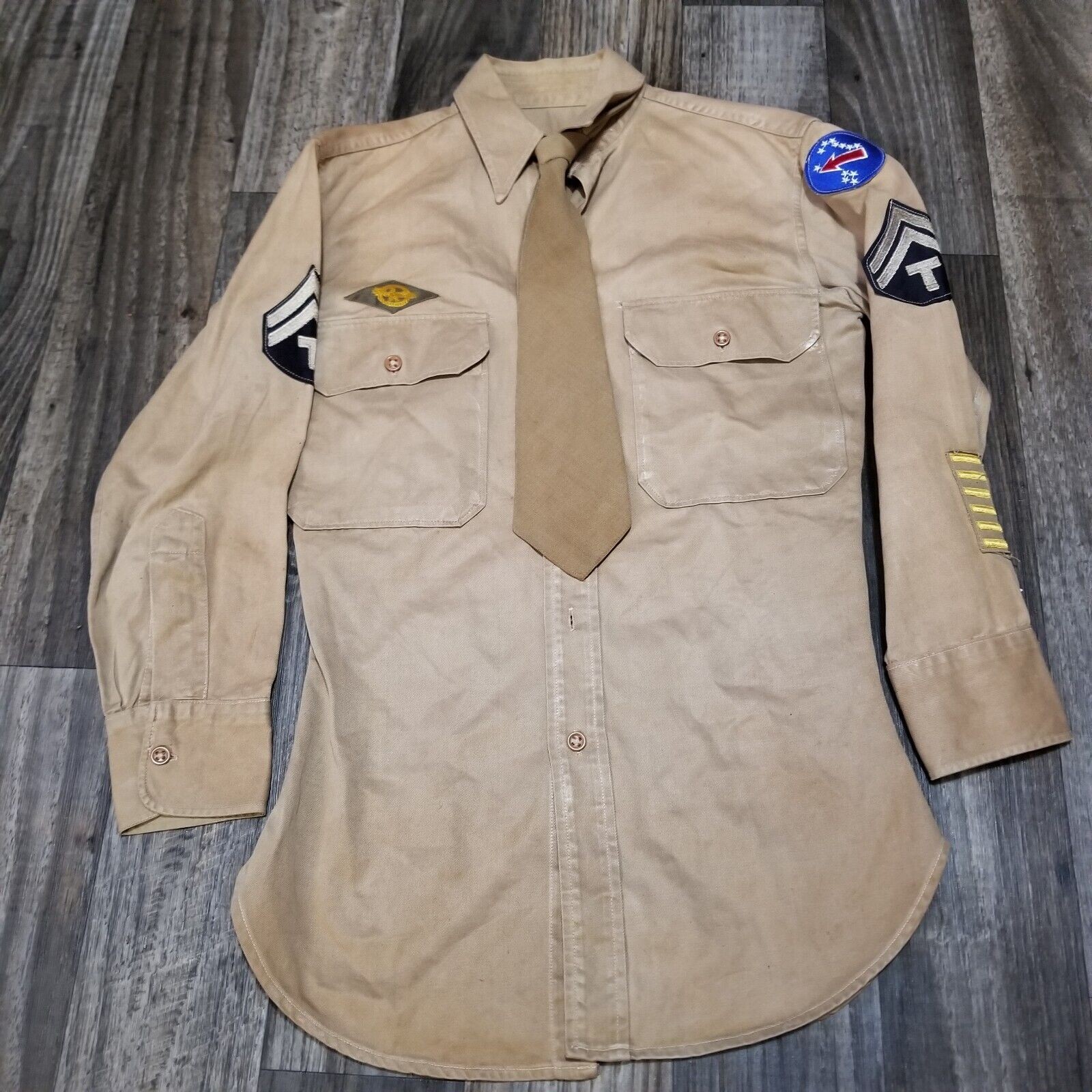 Vintage US Military Uniform Shirt Twill Cotton Chest Size Small Stained Beige