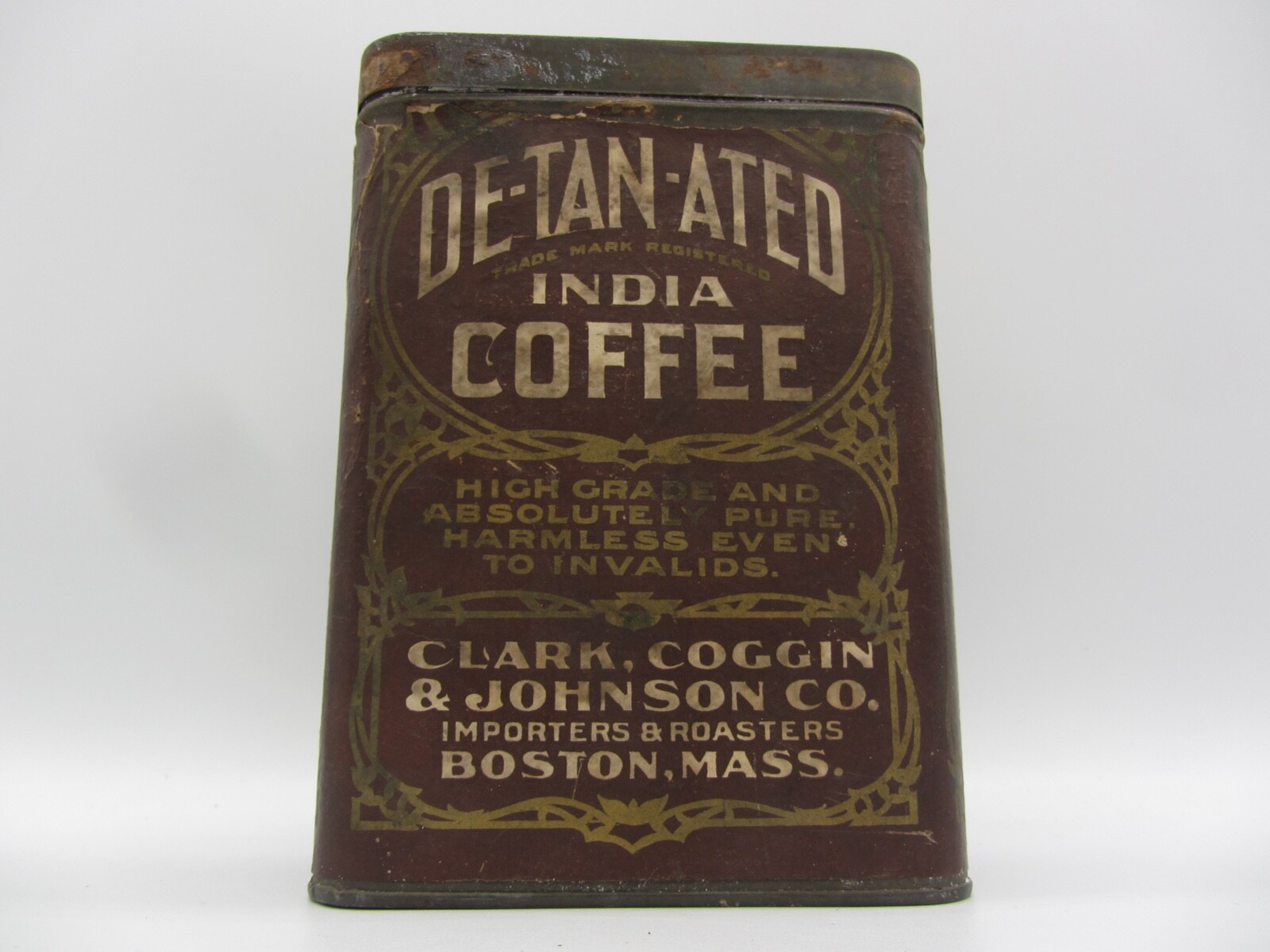Antique De-Tan-Ated India Coffee Tin Clark,Coggin & Johnson Co.  Boston, Mass