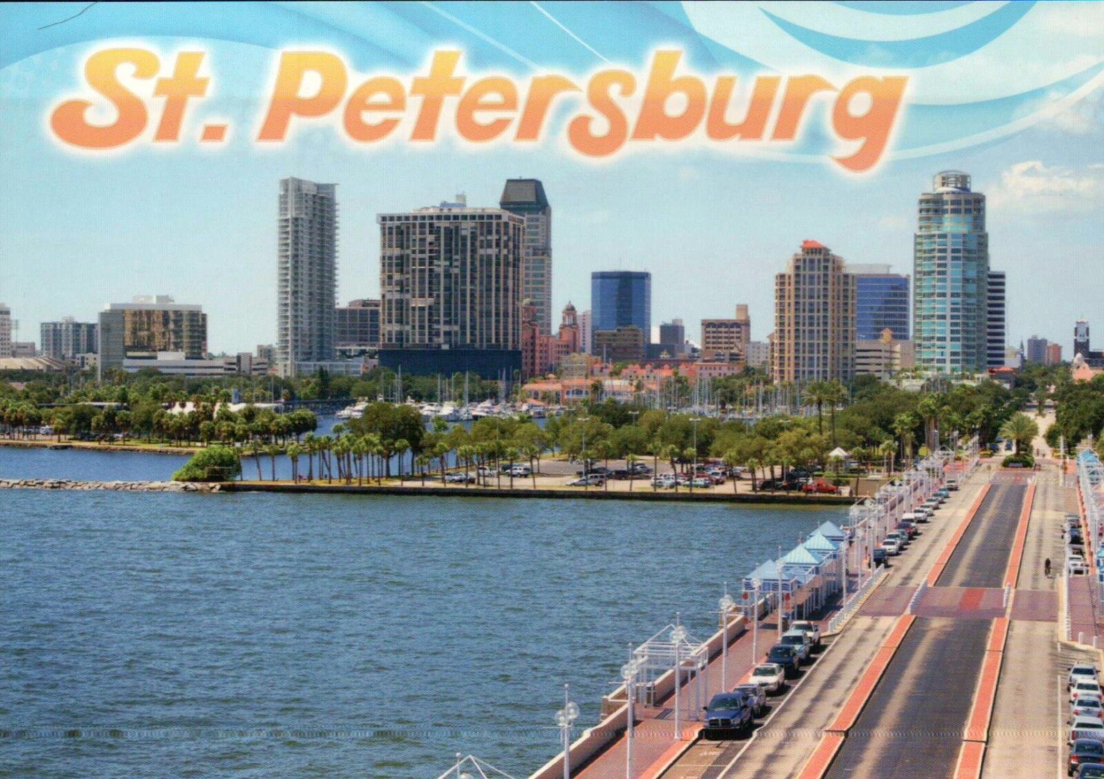St. Petersburg Florida, Causeway and Downtown Buildings, Cars, FL --- Postcard