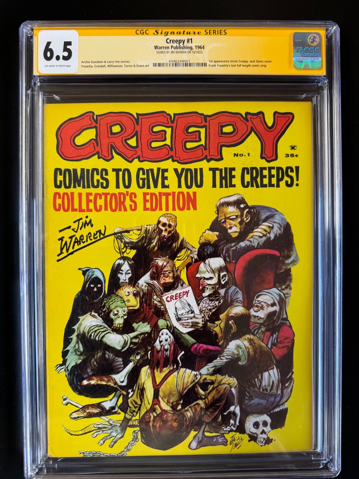 CREEPY  #1  CGC 6.5  1st App  Frazetta Art -RARE SIGNED by Jim Warren/ Excel Reg