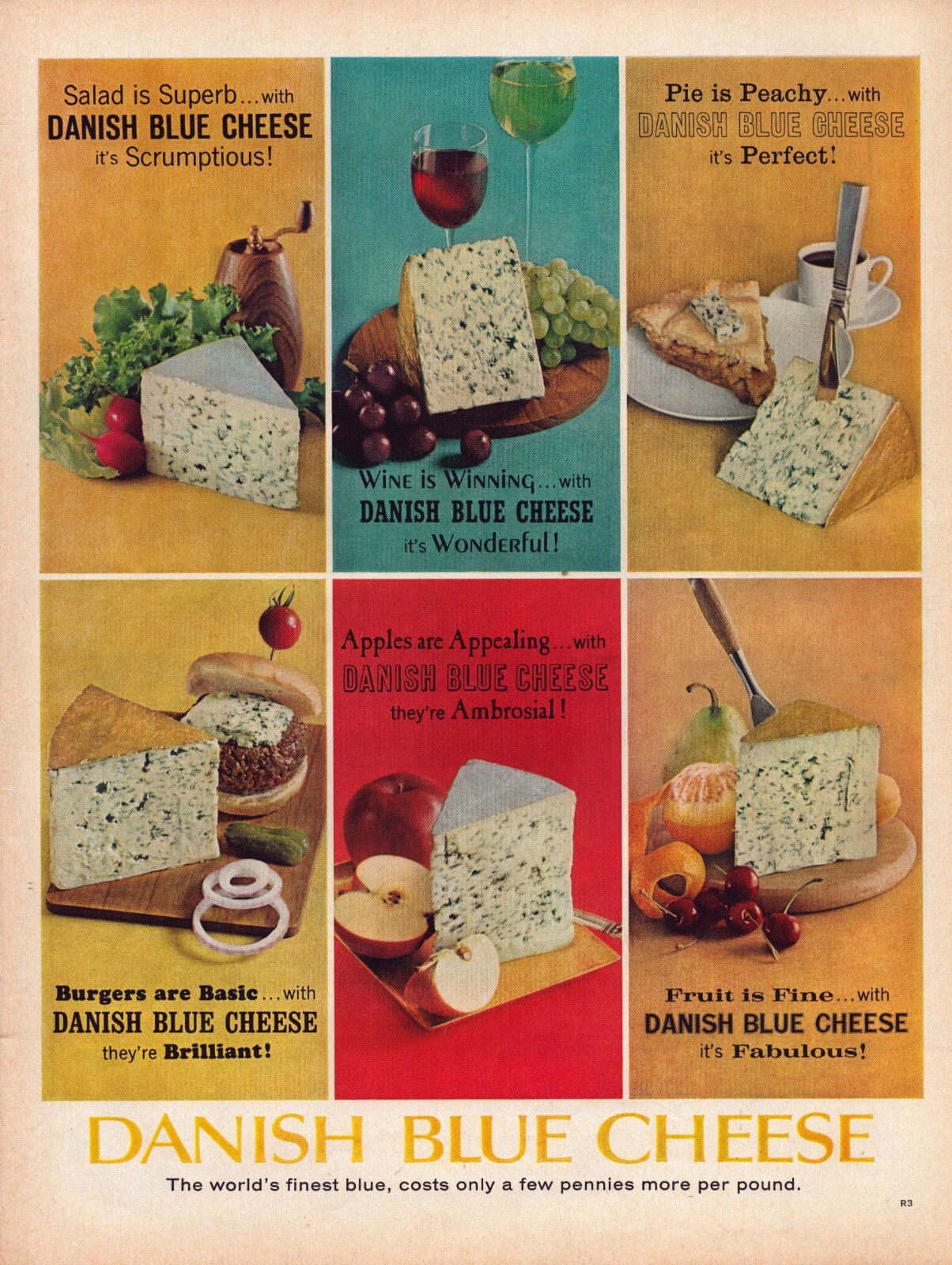 1962 Danish Blue Cheese Print Ad Ambrosia Hamburger Salad Crumble Apple Pie