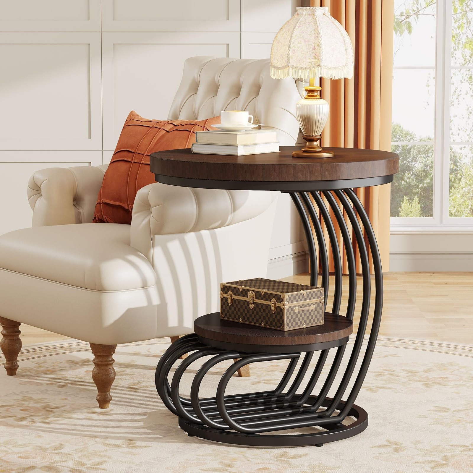 Tribesigns Round End Side Table: Side Table with 2 Tiers Storage Shelves, Vin...